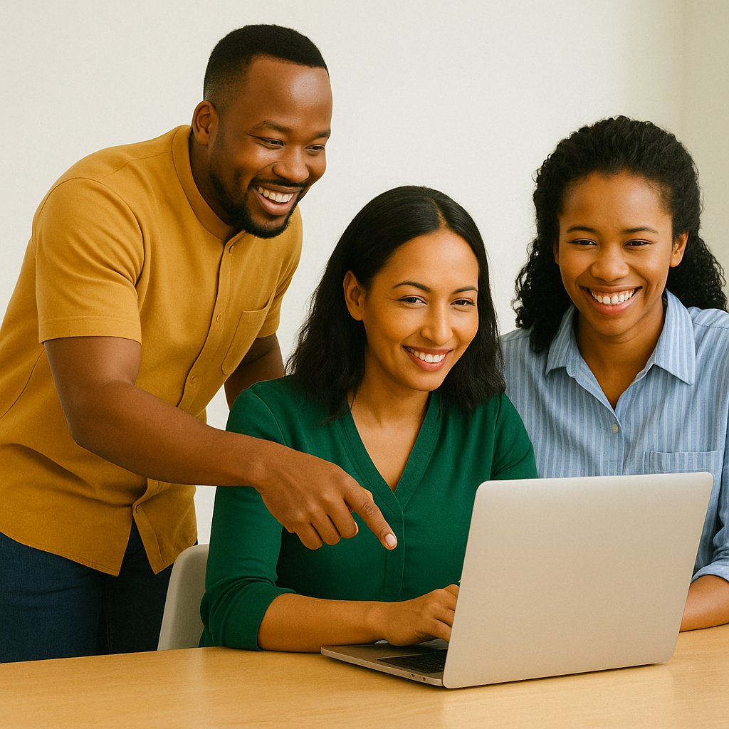 A teacher helping two students on a laptop